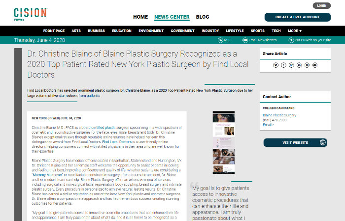 screenshot of the linked article 'Dr. Christine Blaine of Blaine Plastic Surgery Recognized as a 2020 Top Patient Rated New York Plastic Surgeon by Find Local Doctors'
