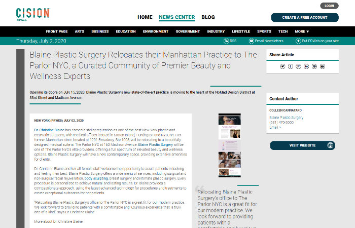screenshot of the linked article 'Blaine Plastic Surgery Relocates their Manhattan Practice to The Parlor NYC, a Curated Community of Premier Beauty and Wellness Experts'