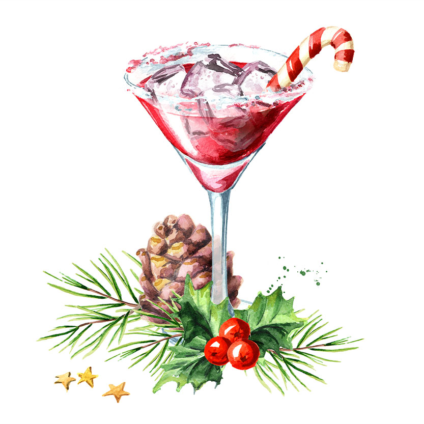 Red christmas martini with candy cane and xmas composition.