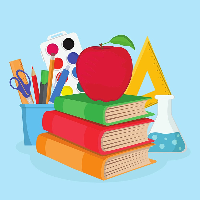 card with red apple and school supplies